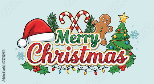 Festive hand drawn Merry Christmas design with traditional holiday decorations cheerful