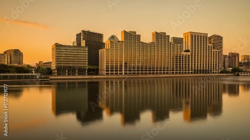 City skyline with golden hour reflection on calm river water
