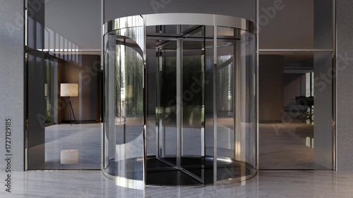 Modern glass revolving door entrance in corporate building interior with soft daylight
