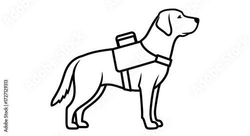Black and white line art illustration of a service dog in harness standing attentively ready to