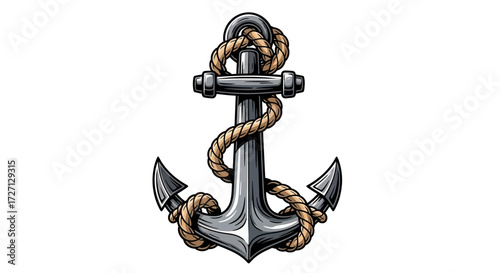 Detailed illustration of a silver anchor entwined with a thick nautical rope on white backdrop