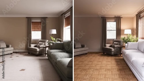 Living room renovation before and after with new parquet floor and bright sofa
