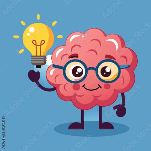 A charming and friendly cartoon brain wearing glasses and holding a glowing light bulb, representing creativity innovation learning and the spark of a brilliant idea.