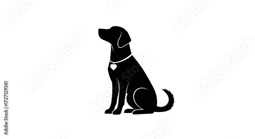 Elegant black labrador retriever silhouette with heart pendant on white backdrop