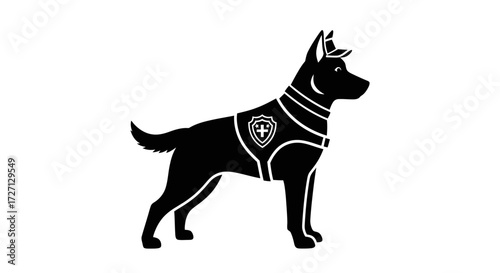 Silhouette illustration of a service dog wearing a vest and cap in minimalist design