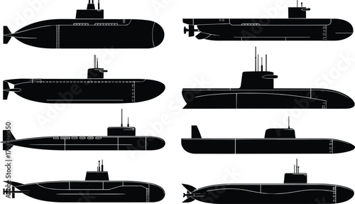 Submarine Silhouettes, Naval Vessels, Underwater Craft, Military Submarines, Hull Designs, Conning Towers, Propeller Styles, Black Icons, Ocean Depth, Grid Layout