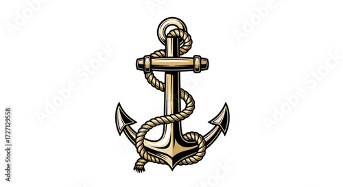 Stylized nautical anchor with rope illustration on white background for designs