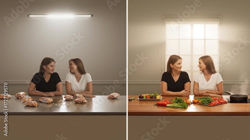 Two women preparing meals contrast with processed food under cold light versus fresh cooking in warm daylight kitchen
