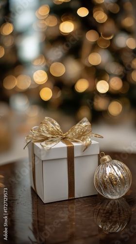 Festive Gift Box With Golden Ribbon and Ornament in Front of a Beautifully Li...