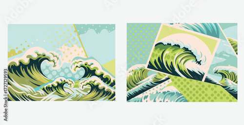 Dynamic collage inspired by vintage ocean art featuring waves marine life and retro nautical patterns vector art design