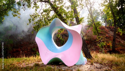 Abstract sculpture, pastel colored, sits amidst trees and foliage
