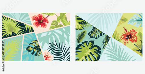 Dynamic collage of bold botanical elements featuring colorful flowers leaves and intricate patterns vector art design
