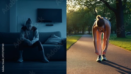 Woman lifestyle contrast with sedentary mood indoors in blue light versus active jogging preparation outdoors at golden hour
