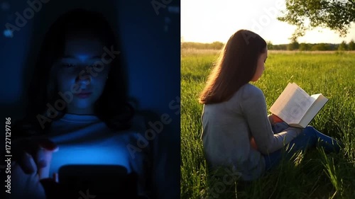Girl lifestyle contrast with blue phone light indoors at night versus peaceful reading outdoors in golden sunlight

