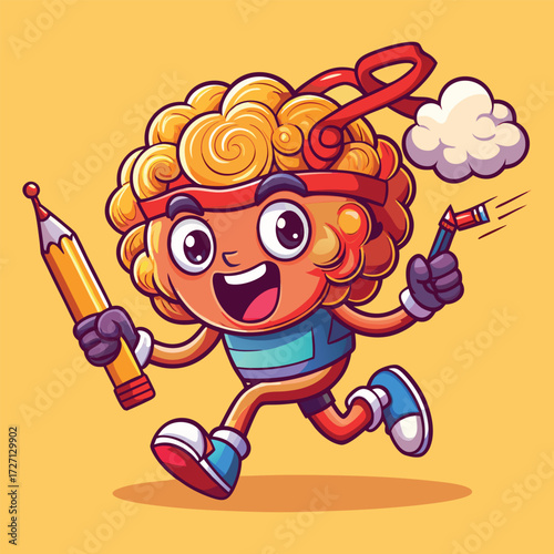A lively cartoon brain character with arms and legs, wearing a headband and belt, is depicted running with a marker in hand. Its energetic pose and determined expression suggest action and creativity.