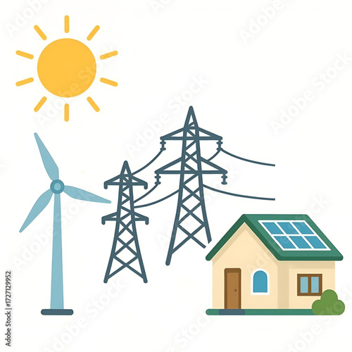 Renewable Energy Illustration with Sun Wind Turbine Solar House and Power Grid