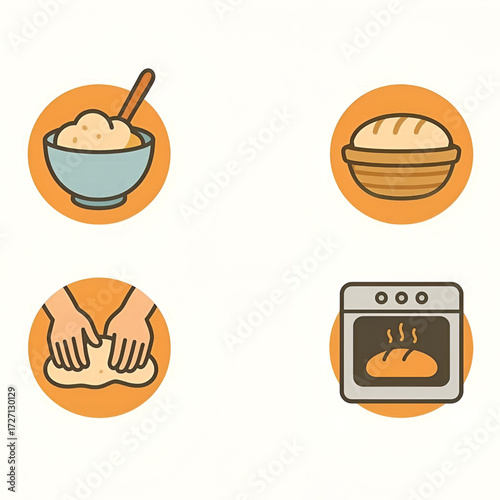 Bread Making type Process Illustration with Mixing Kneading Baking and Loaf
