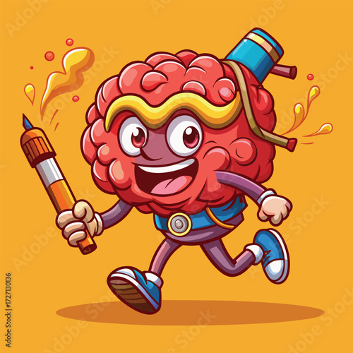 A lively cartoon brain character with arms and legs, wearing a headband and belt, is depicted running with a marker in hand. Its energetic pose and determined expression suggest action and creativity.