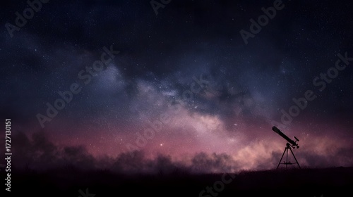 A silhouette of a telescope points towards a vibrant galaxy and starry night sky over a dark landscape