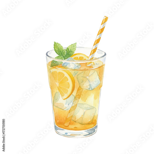 Watercolor Lemonade Glass with Ice, Lemon Slices, and Mint Leaves Isolated on White Background, Fresh Summer Citrus Drink Vector Illustration