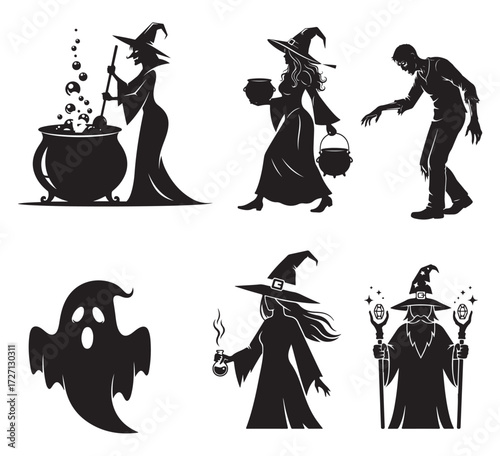 A collection of black silhouettes featuring Halloween characters like witches, a zombie, a ghost, and a wizard, isolated on a white background.