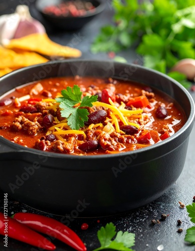 Hearty chili simmering in a dark pot