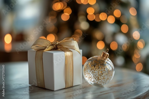 Holiday Gift and Ornament on Table With Blurred Christmas Tree Lights in Back...
