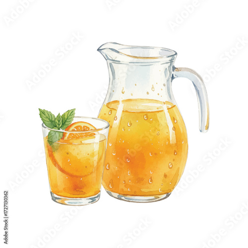 Watercolor Orange Juice Pitcher and Glass with Orange Slices Isolated on White Background, Fresh Citrus Fruit Beverage Vector Illustration