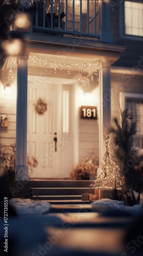 Cozy Winter Evening at a Decorated House With Holiday Lights and Snow