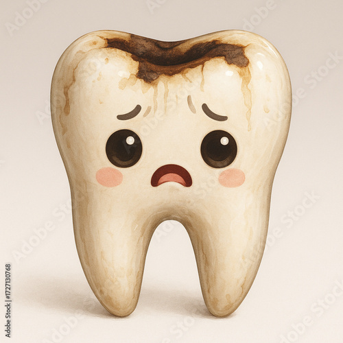 Unhappy Kawaii Tooth with Sad Face - Realistic Vector Illustration