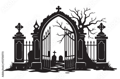 Gothic cemetery gate silhouette with open iron gates, a spooky dead tree, and tombstones inside.