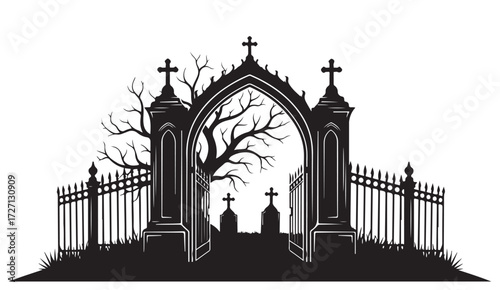 Silhouette of a cemetery gate with crosses and tombstones.