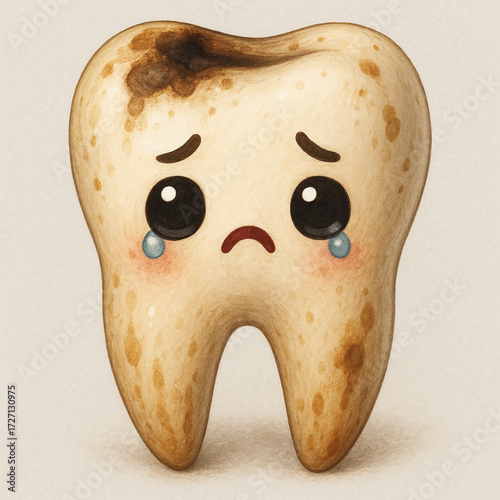 Unhappy Kawaii Tooth with Sad Face - Realistic Vector Illustration