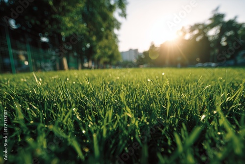 Bright Morning Sunlight Shining on Green Grass in a City Park