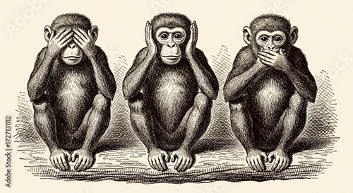 Three Wise Monkeys Vintage Engraving – See No Evil, Hear No Evil, Speak No Evil
