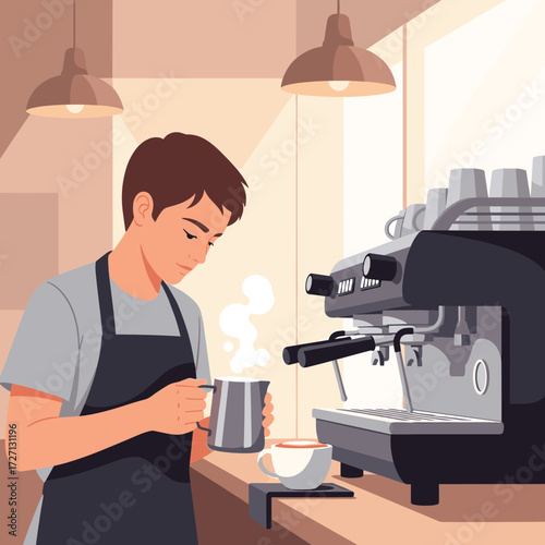 A professional male barista in a black apron meticulously preparing a coffee drink by steaming milk in a pitcher next to an espresso machine inside a cozy, modern cafe