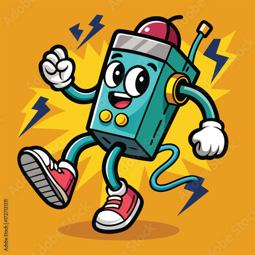 A whimsical, retro-styled cartoon character representing a power bank, complete with arms, legs, and a smiling face, is depicted in a dynamic pose with energetic lightning bolts.