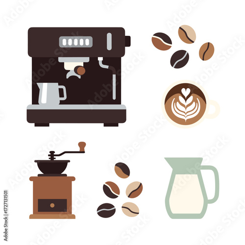 Coffee Time Espresso Machine, Beans, Mill, and Creamer Illustration