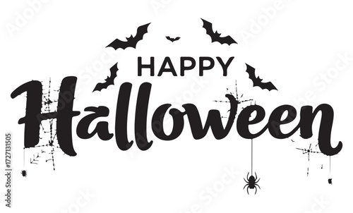 Happy Halloween text with bats and a spider, a festive graphic for the spooky holiday.