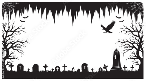 Spooky Halloween graveyard scene with tombstones, bare trees, and bats, creating a black silhouette frame for copy space.