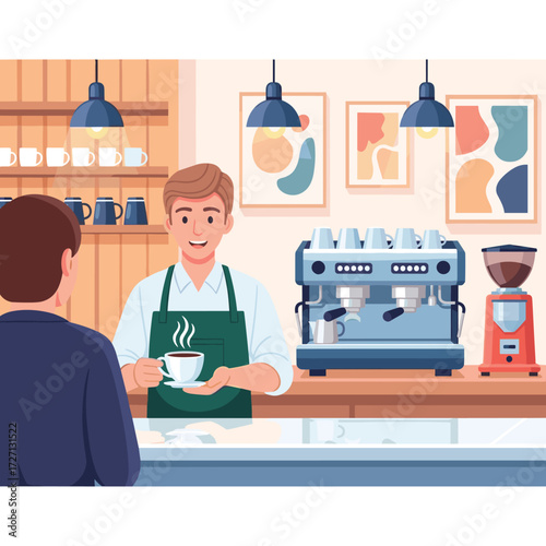 Friendly barista serves freshly brewed coffee to a customer at a modern cafe counter, illustrating excellent service and a welcoming atmosphere in a bustling coffee shop for a delightful experience