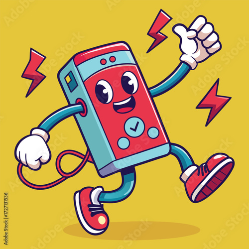 A whimsical, retro-styled cartoon character representing a power bank, complete with arms, legs, and a smiling face, is depicted in a dynamic pose with energetic lightning bolts.