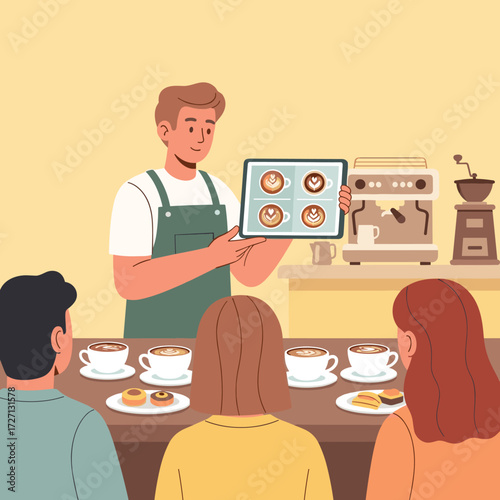 Male barista instructor presenting a coffee art masterclass, showing latte designs on a tablet to students in a workshop