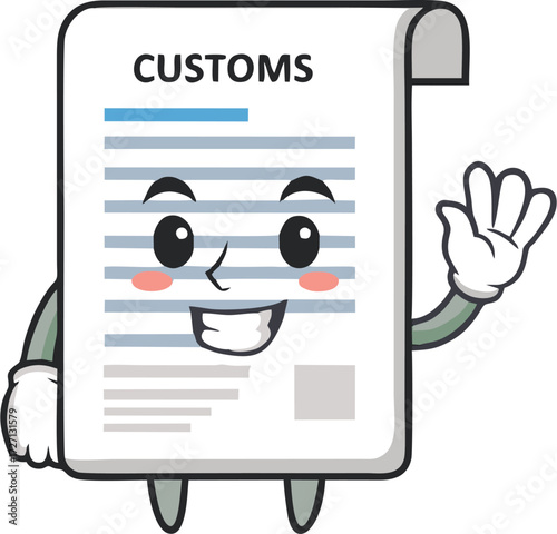 Cheerful Cartoon Document with CUSTOMS Label Waving Hello.