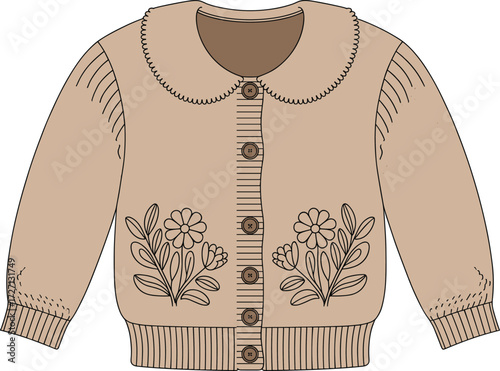 Beige knitted cardigan sweater with floral embroidery front design, children’s fashion apparel illustration, button down long sleeve cozy clothing template vector