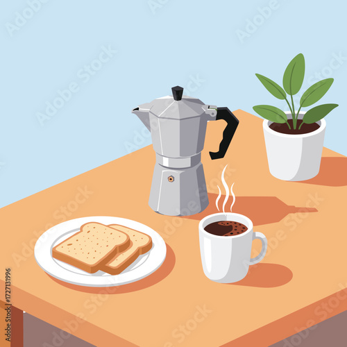 A cozy morning breakfast scene featuring a steaming cup of coffee, toast on a plate, and a traditional Italian moka pot on a wooden table