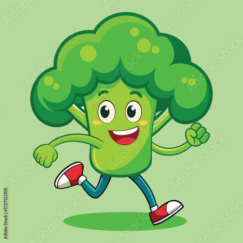 A vibrant cartoon broccoli character joyfully running with arms outstretched and a wide smile. This fun vegetable mascot is perfect for healthy eating promotions and children's educational content.