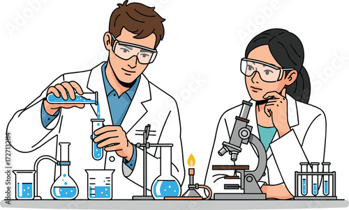 Cartoon Lifestyle Icons Featuring Scientists Conducting Chemistry Experiment, Focused Mood, Science Theme, and Laboratory Safety Scene with Equipment