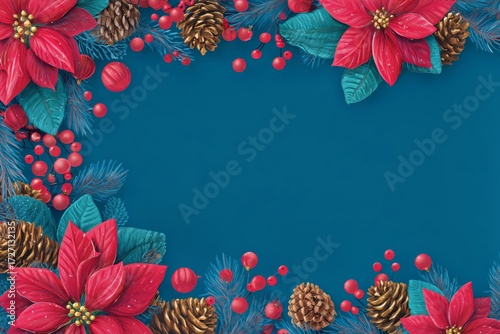 Holiday Floral Design Featuring Poinsettias and Pine Cones on a Deep Blue Bac...