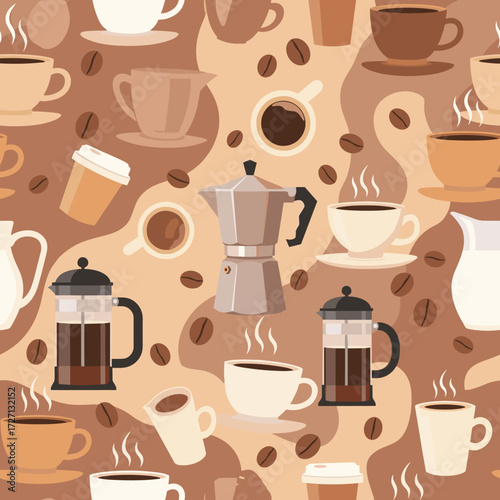 Inviting seamless pattern with various coffee cups, moka pots, French presses, and scattered coffee beans, perfect for a cozy, warm beverage-themed background or fabric design
